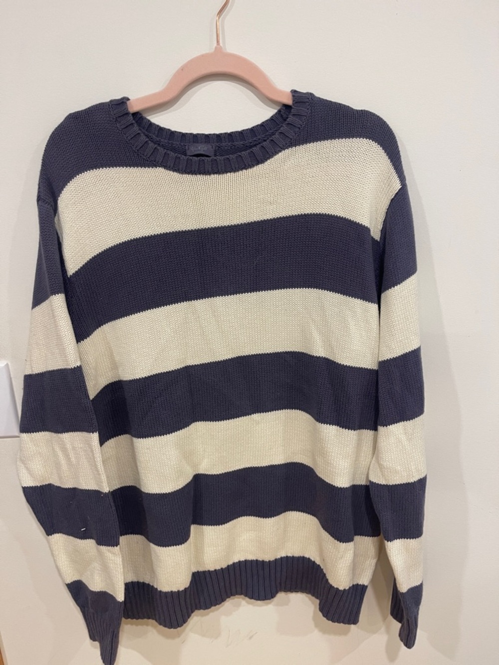 Brandy Melville  Navy and Cream Striped Crewneck Sweater